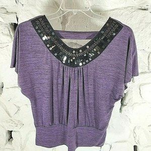 IZ Byer Blouse Purple Beaded Banded Waist Cut Out Back Loose Fit Womens XL